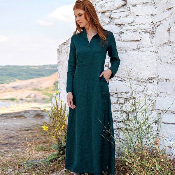 Emerald Linen Kaftan Dress, Linen Maxi Dress, Long Sleeve Maxi Dress, Deep Green Linen Dress for Women, Modest Linen Clothing, Spring Dress
