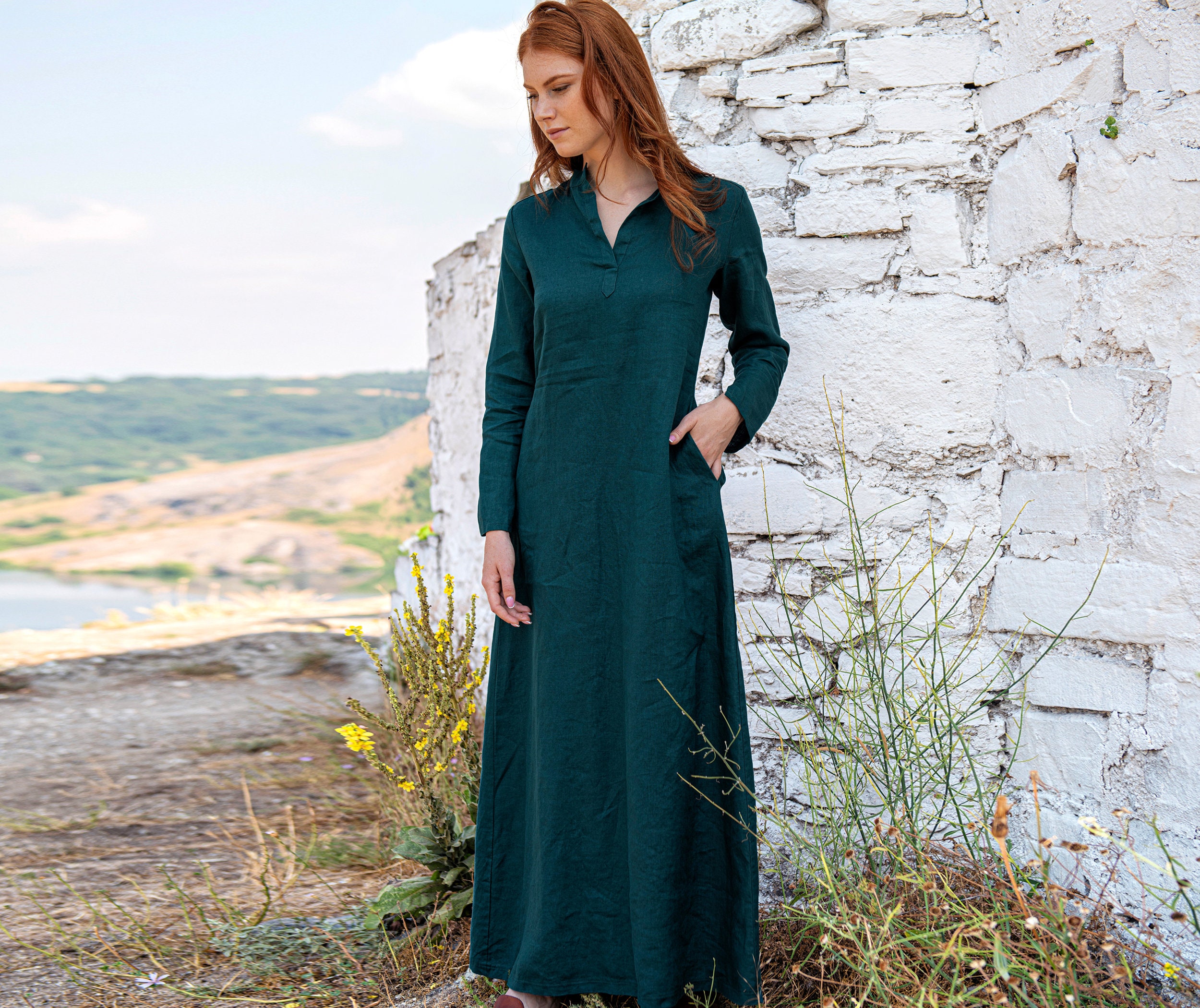 Emerald Green Long Sleeve Wavy Maxi Dress – Astore®