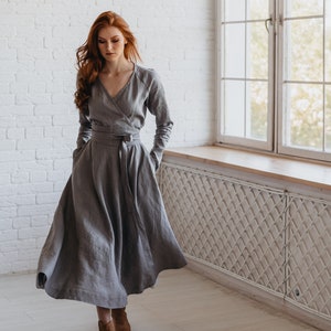 Long Sleeve Linen Midi Dress, Gray Linen Dress For Women, Heavy Linen Dress, Fall Linen Dress with Pockets, Plus Size Linen Clothing image 3