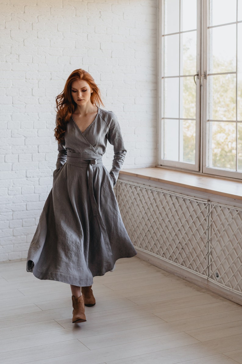 Long Sleeve Linen Midi Dress, Gray Linen Dress For Women, Heavy Linen Dress, Fall Linen Dress with Pockets, Plus Size Linen Clothing image 3