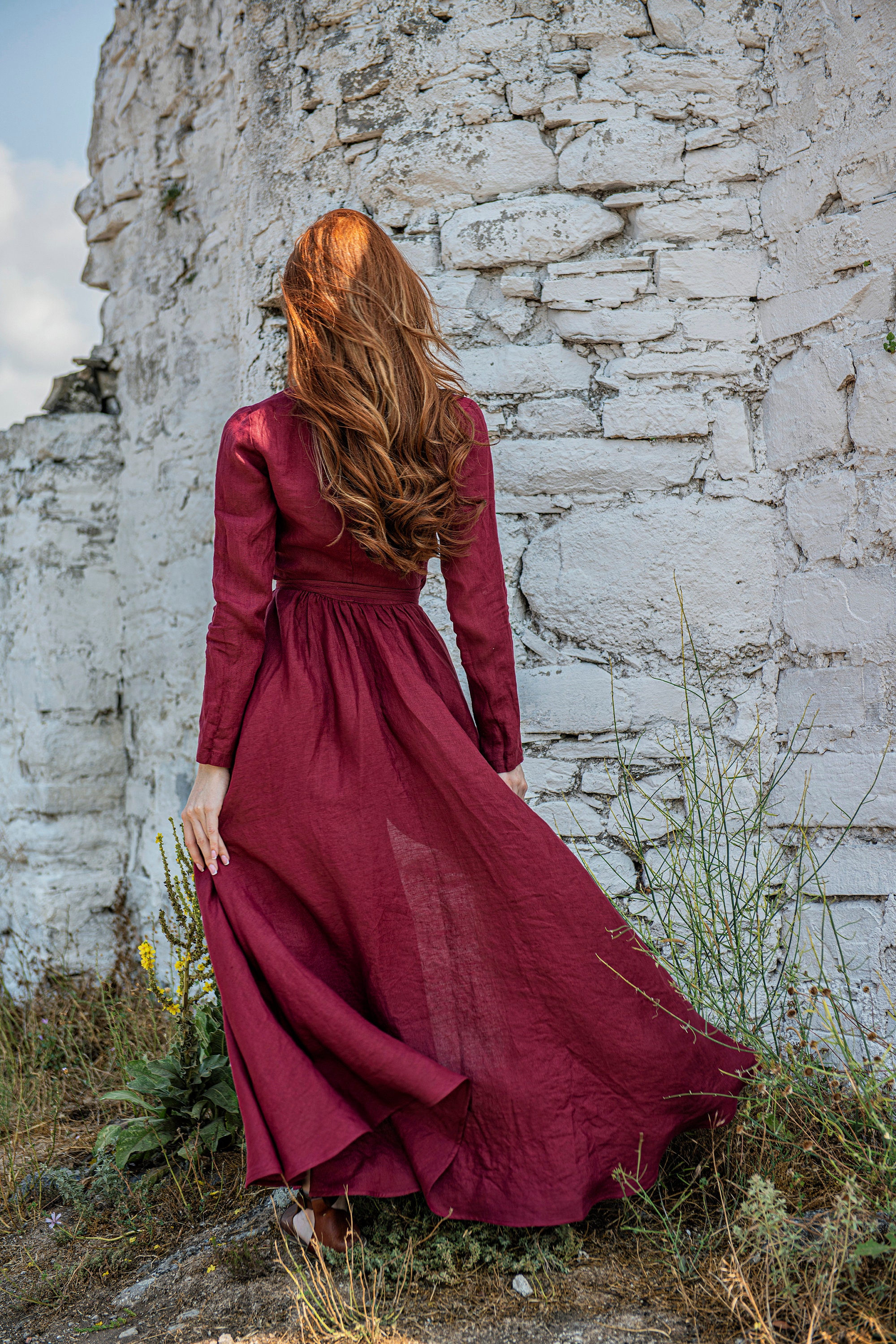 maroon bohemian dress Burgundy Linen Maxi Dress with Pockets & Tie Waist, Long Sleeve