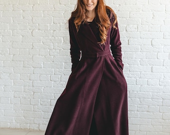 Burgundy Wool Princess Hooded Coat, Winter Overcoat