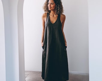 Sleeveless Black Linen Midi Dress, Washed Linen Clothing