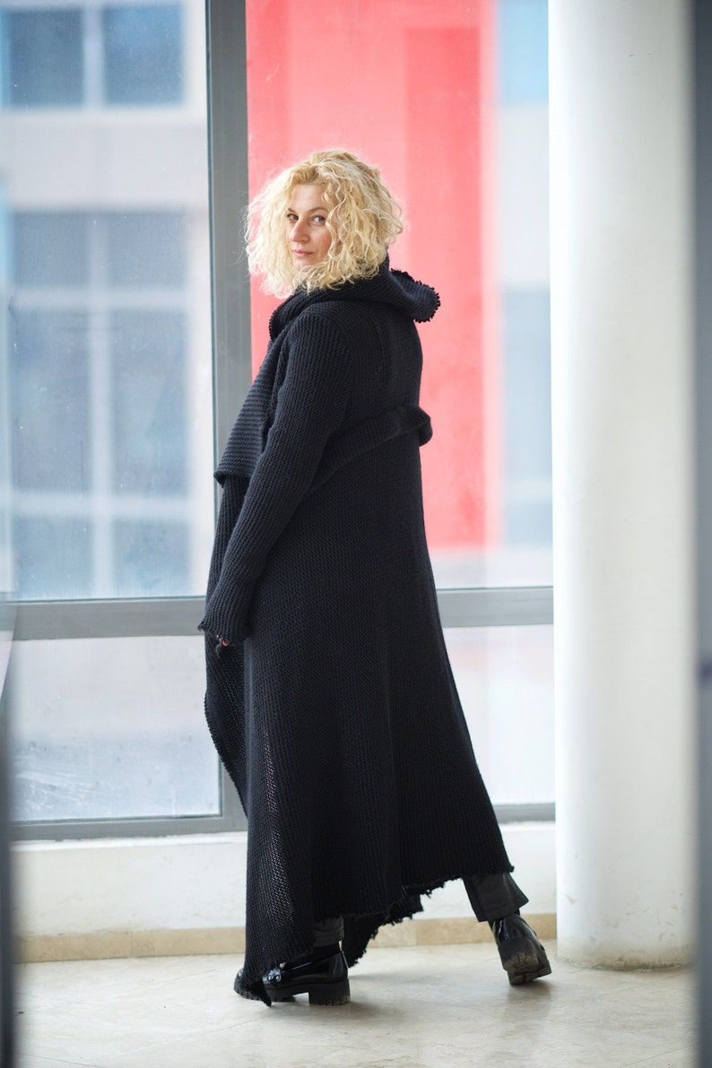 Long Sweater Coat, Wool Cardigan Women, Long Knit Cardigan, Plus Size Clothing, Black Oversize Cardigan,Hooded Cardigan, Black Knit Cardigan image 5