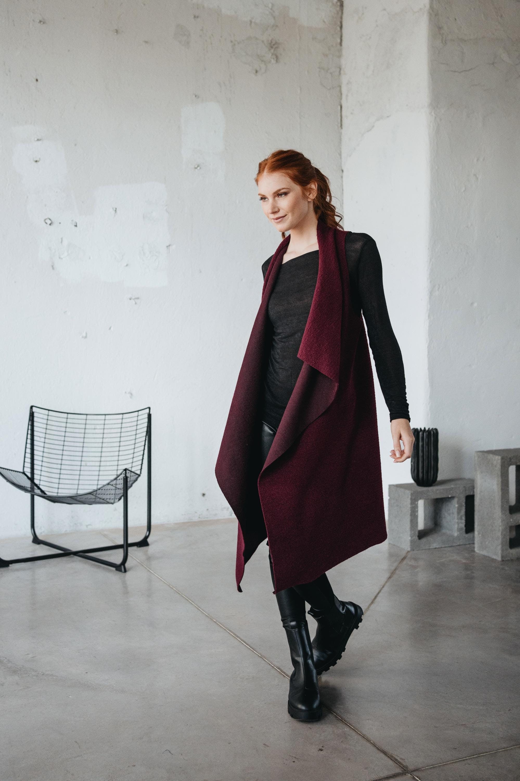 Asymmetric Wool Vest: Burgundy Long Wrap Sleeveless Jacket, Cozy