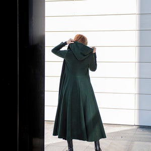 Dark Green Swing Coat, Merino Wool Coat for Women, Hooded Wool Coat, Elegant Winter Long Coat, Hoodie Cape Coat, Winter Plus Size Clothes image 3