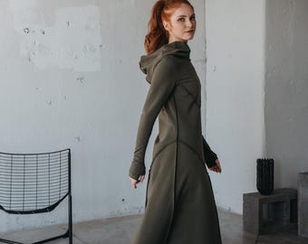 Hooded Winter Maxi Dress: Cotton, Thumb Hole Cuffs, Military Green
