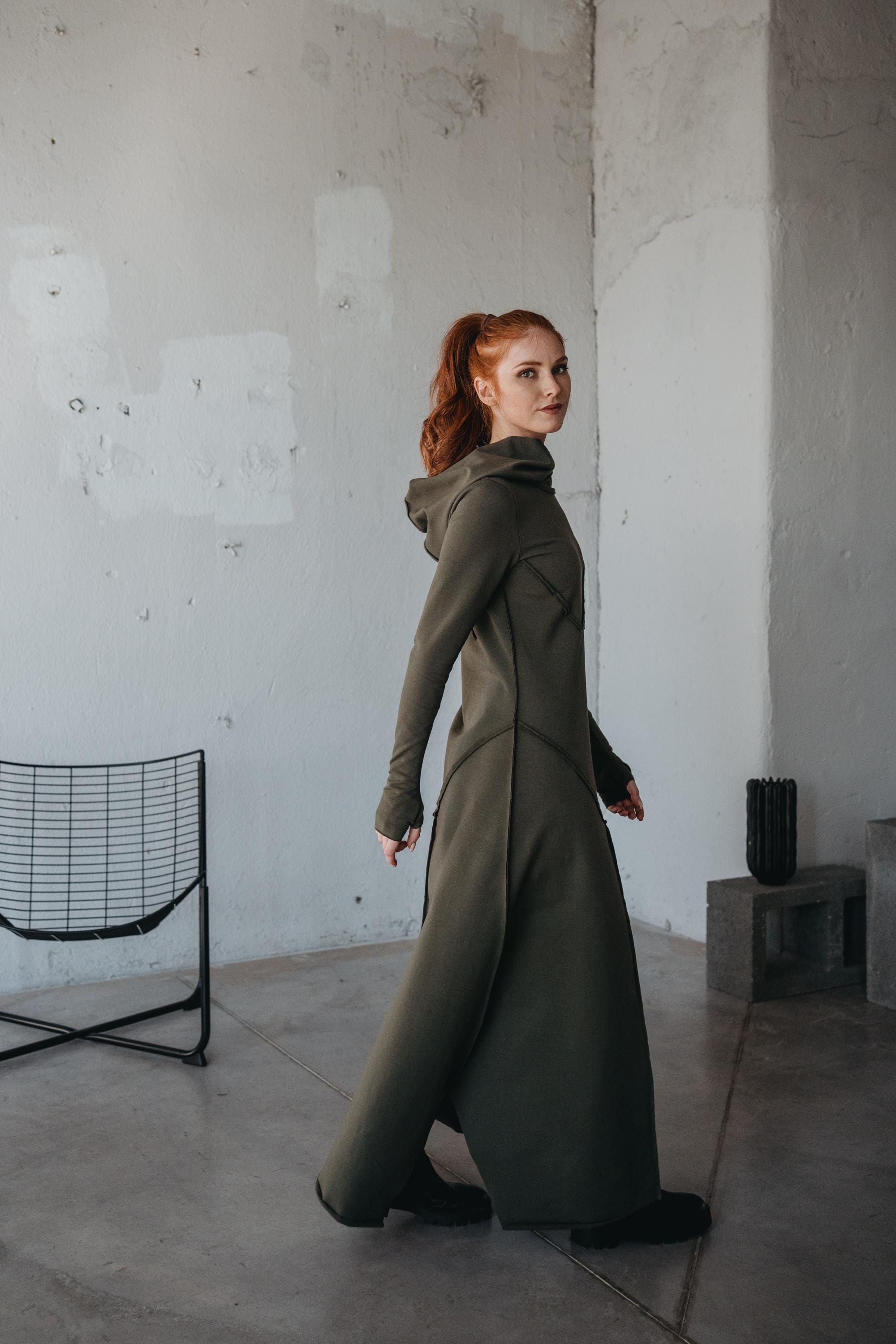 Hooded Winter Maxi Dress: Cotton, Thumb Hole Cuffs, Military Green