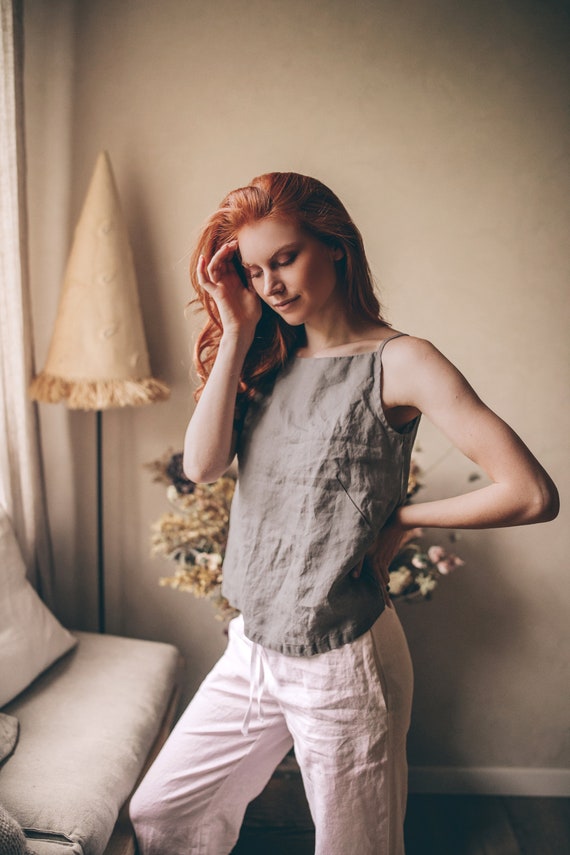 トップス Linen Tank Top SHADE GRAY Gray Linen Tank Top - Lightweight, Casual Cami, Summer Clothing - Etsy