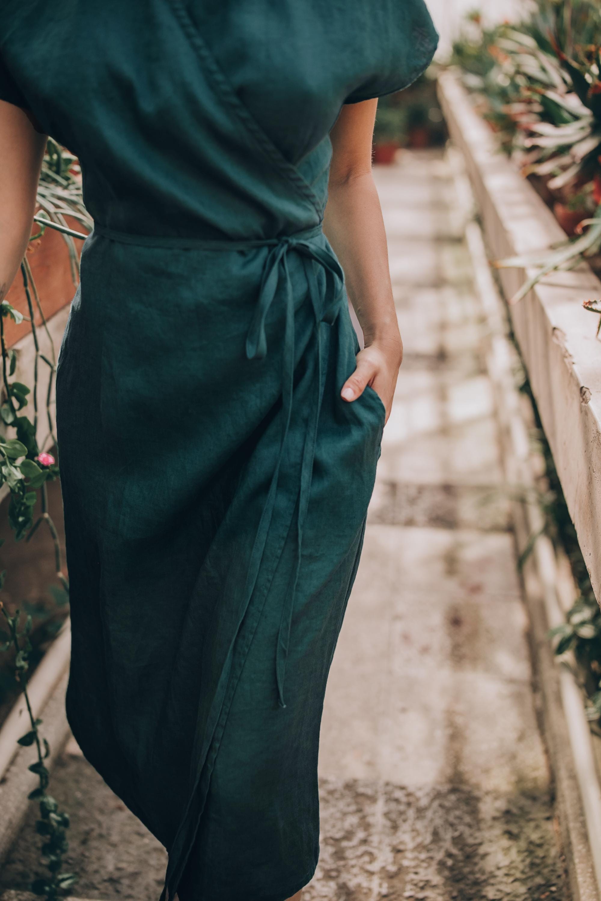 Linen Wrap Dress with Cap Sleeves: Dark Green Midi Summer Dress