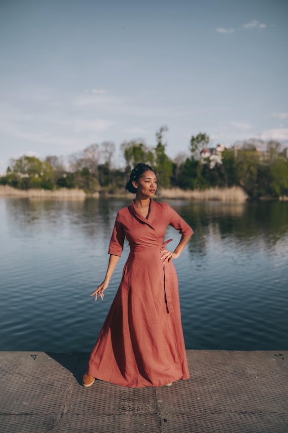 Linen Wrap Maxi Dress with Shawl Collar and Pockets