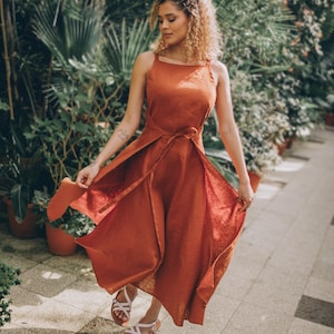 Double Wrap Linen Dress for Women, Extravagant Linen Dress, Boho Summer Dress in Ochre, Tie Waist Midi Dress, Plus Size Linen Clothing Women