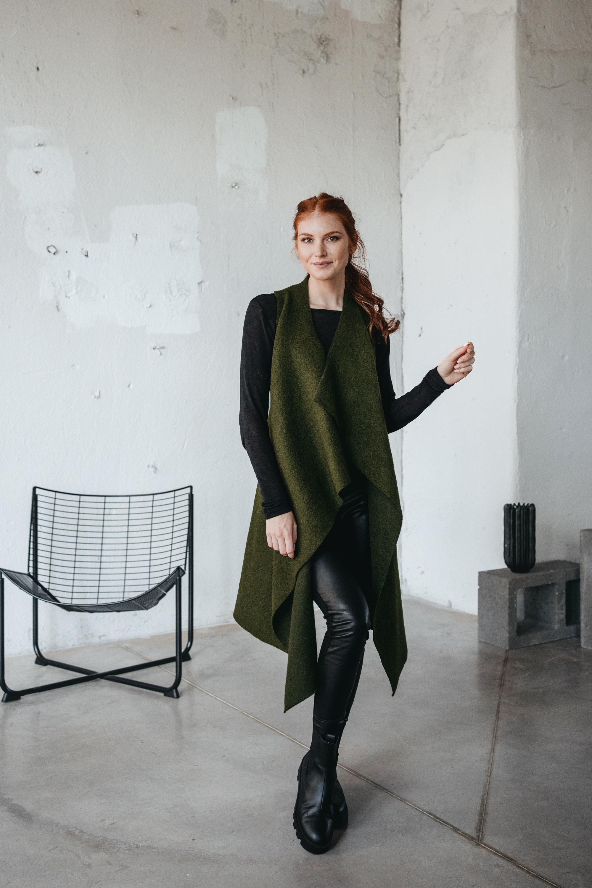 Dark Green Wool Asymmetric Vest, Long Wrap Vest - Etsy