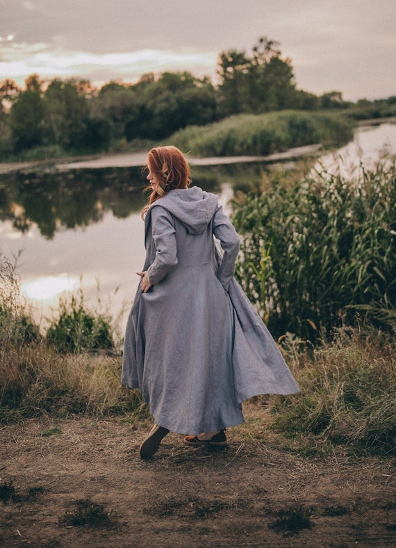 【RIIJA】coating linen maxi coat Heavy Linen Coat, Hooded Coat With Pockets, Linen Wrap Coat