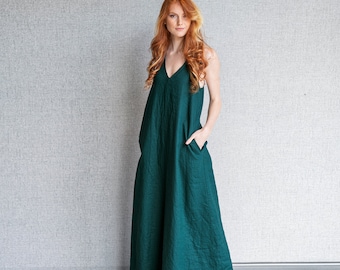 Linen Maxi Dress, Emerald Green Dress, Pockets, Summer Minimalist Clothing