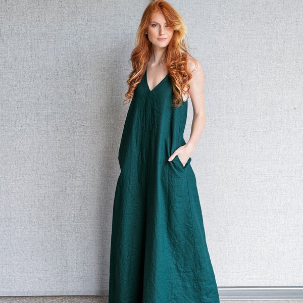 Linen Maxi Dress, Emerald Green Linen Dress, Linen Dress for Women, Summer Maxi Dress, Sleeveless Maxi Dress, Plus Size Dress,Linen Clothing