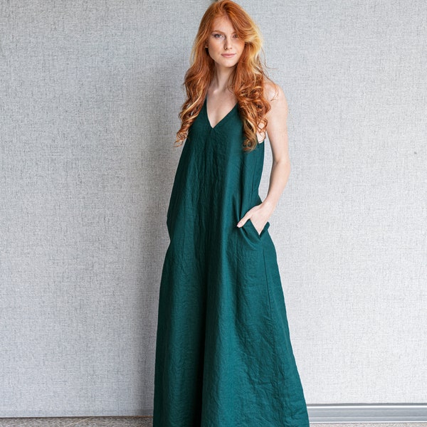 Abito lungo in lino, verde smeraldo, con tasche, abbigliamento estivo minimalista