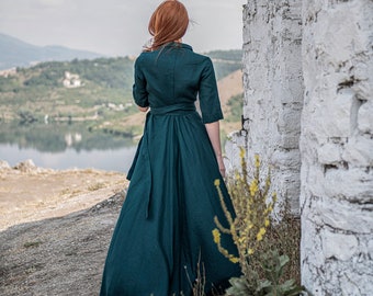 Deep Green Linen Dress with Tie Waist, Wrap Linen Dress, Washed Linen Maxi Dress, Linen Dress For Women, Plus Size Linen, Belted Linen Dress