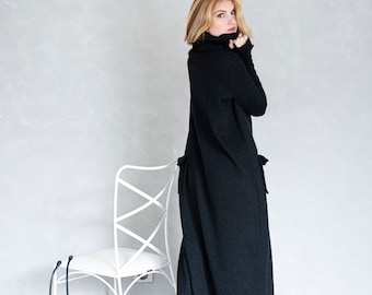 Turtleneck Knit Maxi Sweater Dress, Pockets, Winter Clothing