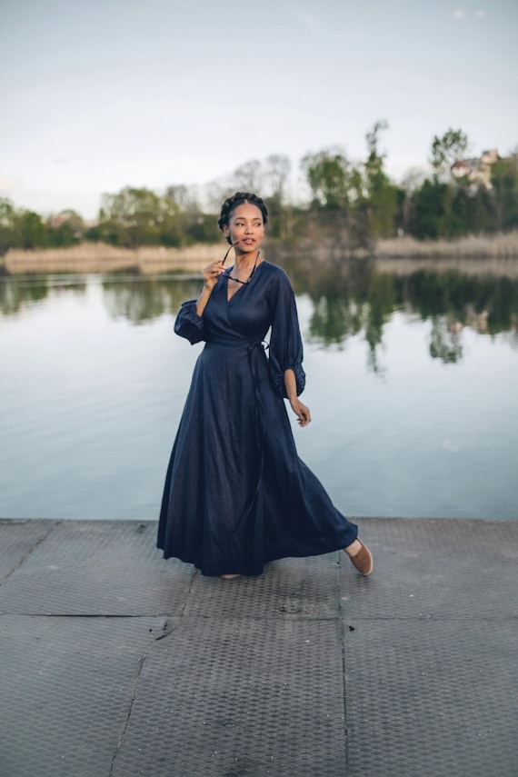 Navy Linen Maxi Dress With Sleeves Linen Maxi Dress Elegant Tie Waist Wrap  Dress For Timeless