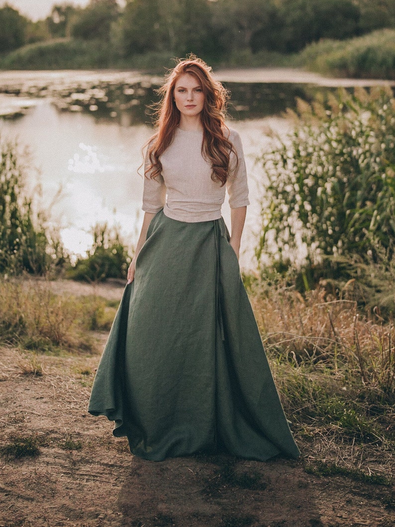 Heavy Weight Linen Skirt, Military Green Maxi Skirt, Linen Wrap Skirt, Spring Skirt, Long Linen Skirt, High Waist Skirt, 100% Linen Skirt zdjęcie 4