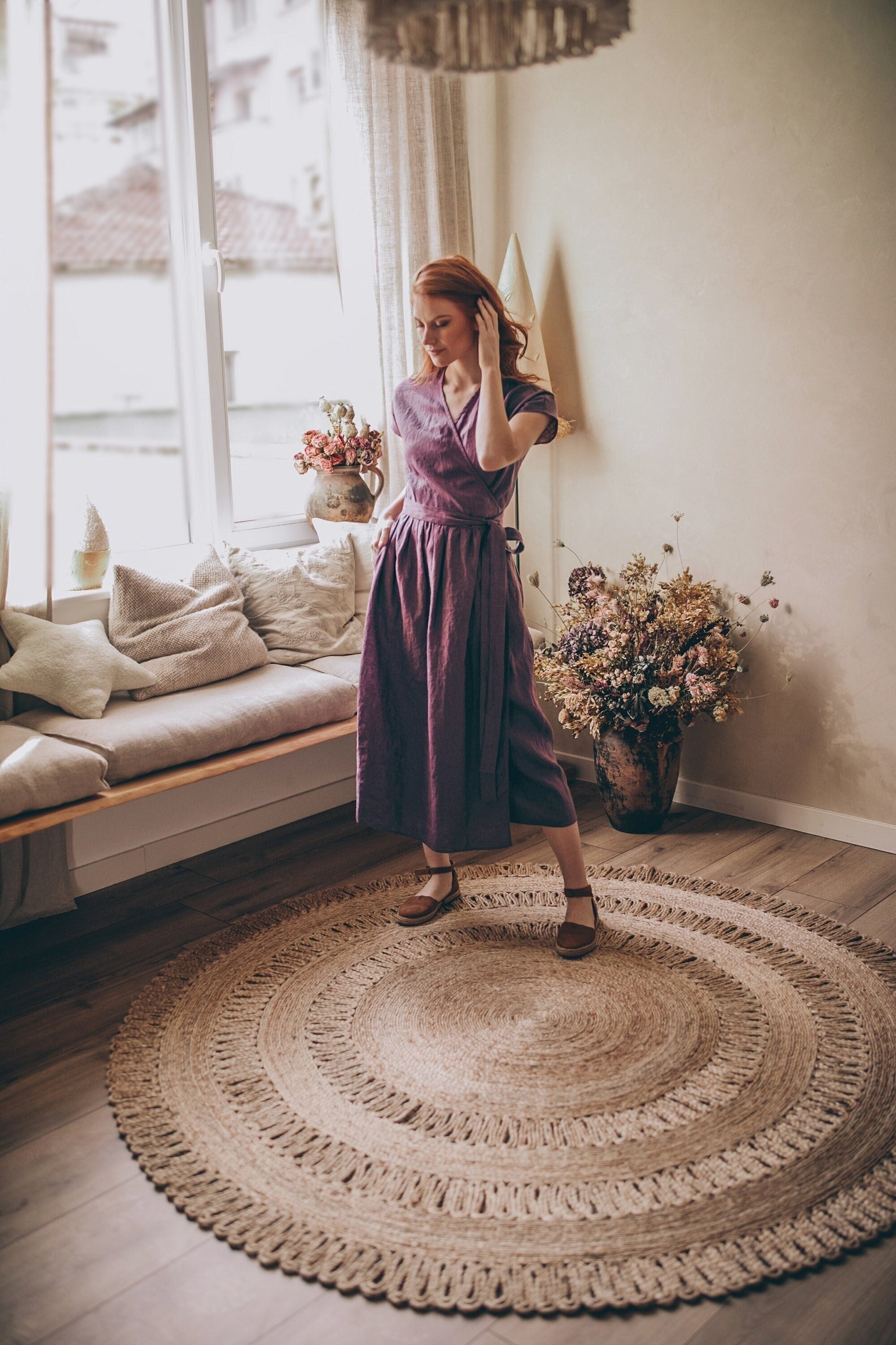 Amethyst Linen Midi Wrap Dress, Bohemian Fit and Flare Dress