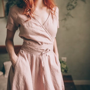 Robe en lin vert foncé avec ceinture et poches, Robe en lin classique pour femme, Robe midi d'été, Robe en lin simple grande taille, Robe en lin élégante image 7