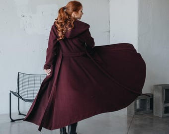 Burgundy Wool Maxi Coat: Hooded Winter Swing Coat