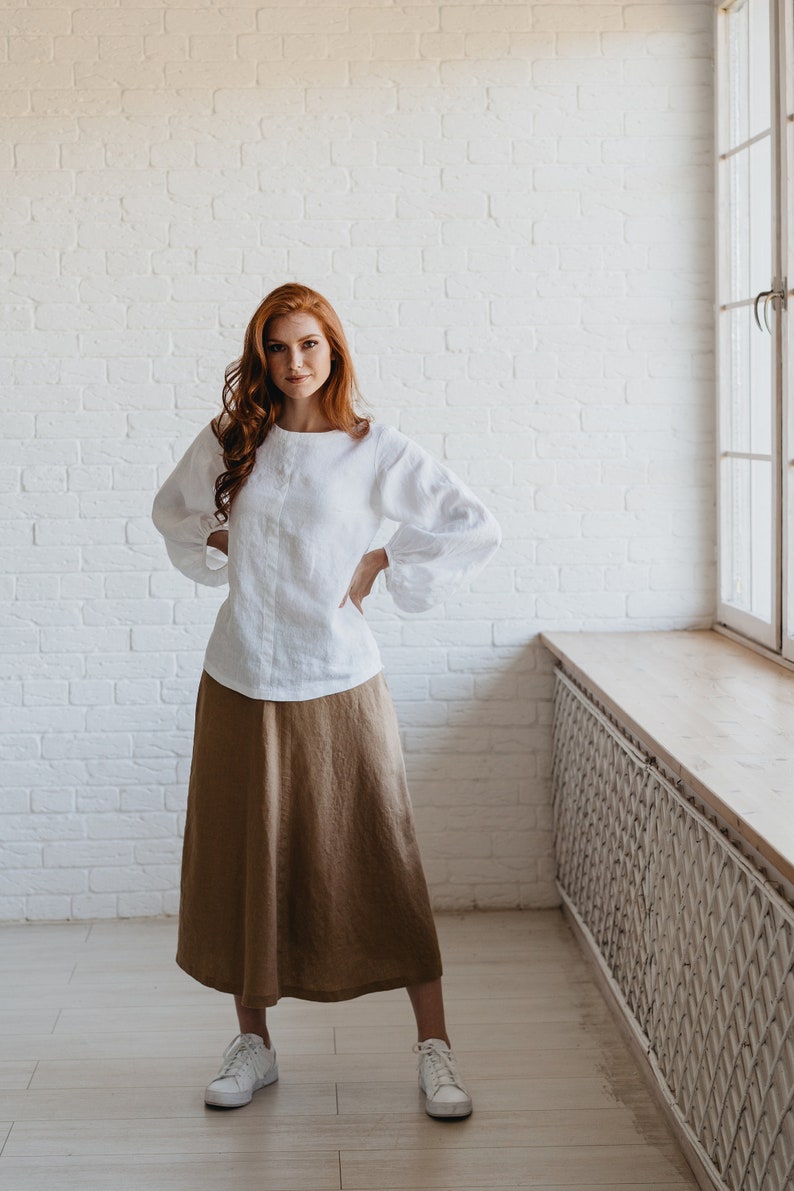 White Linen Shirt with Puff Sleeve, Heavy Linen Blouse for Women, Linen Victorian Shirt, Bishop Sleeve Linen Tunic, Fall Linen Clothing image 8