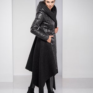 Maxi Coat for Women, Winter Coat, Merino Wool Coat, Black Hooded Coat, Cyberpunk Coat, Plus Size Coat, Asymmetric Coat, Plus Size Clothing image 4