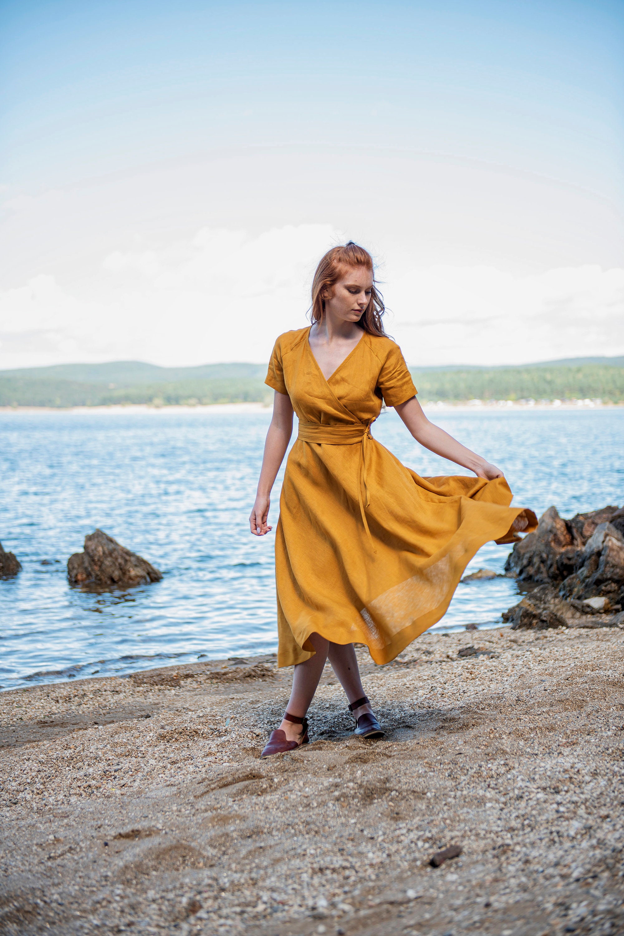 Ochre Linen Dress Summer Linen Dress Full Skirt Dress Linen - Etsy Australia