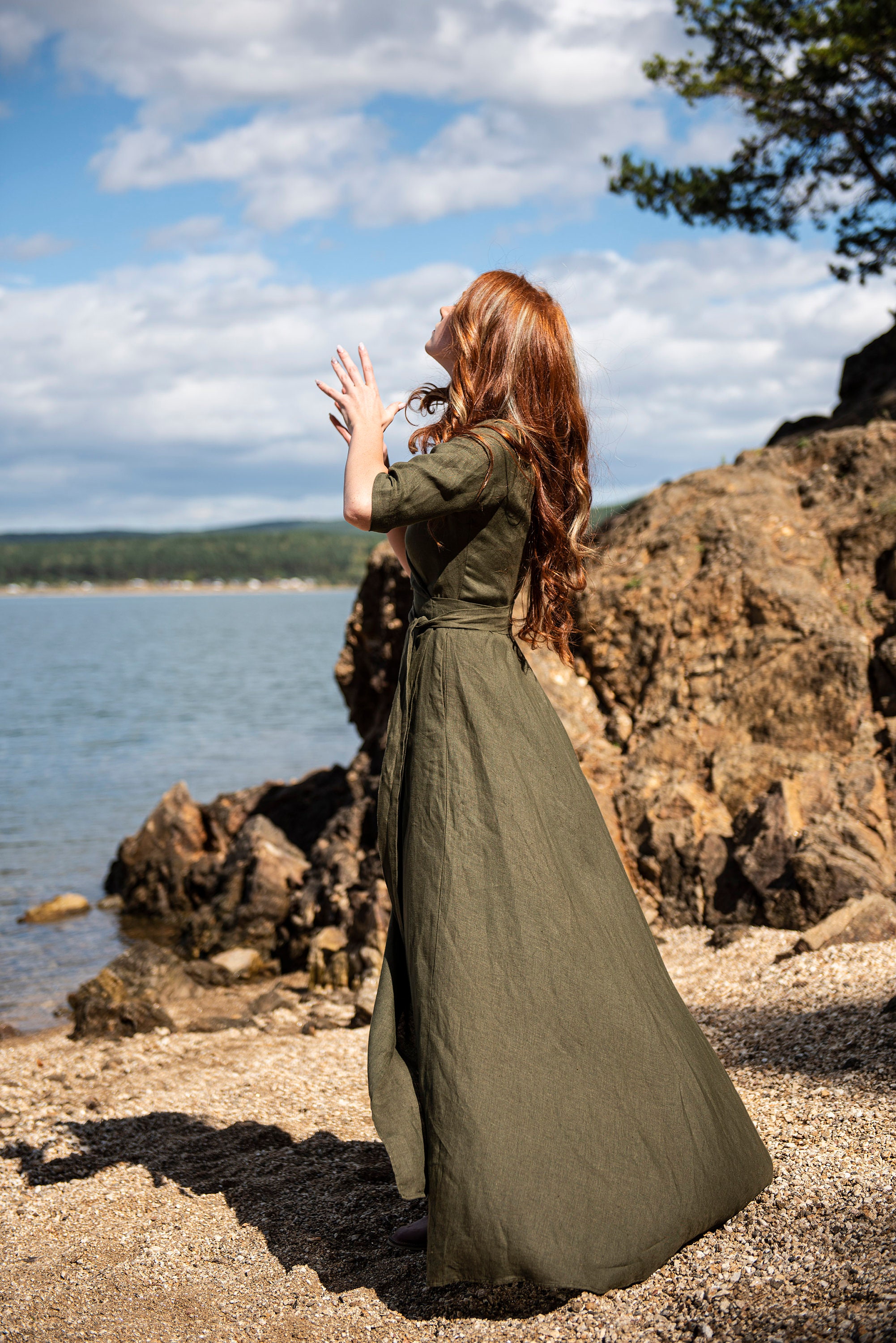 Emerald Green Linen Maxi Dress, Boho Kimono Wrap Dress, Linen Clothing Women