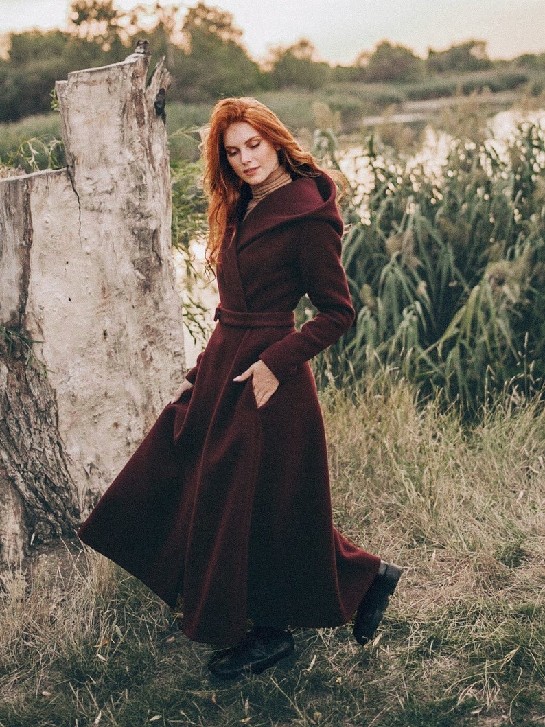 Wool Coat for Women, Burgundy Winter Coat, Winter Coat with Hood, Princess Coat, Long Trench Coat, Plus Size Clothing, Wool Swing Coat image 5