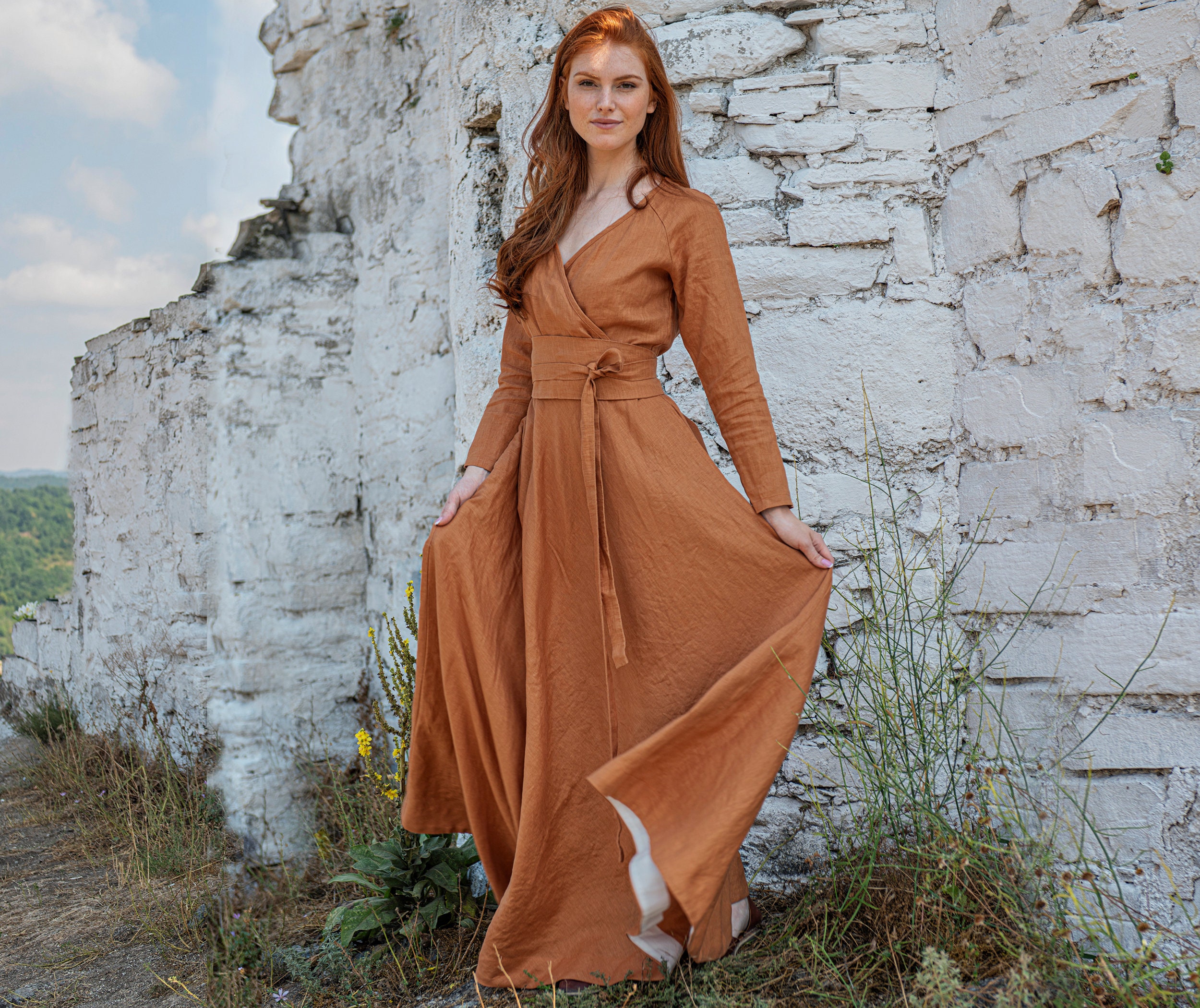 Long Sleeve Linen Dress Linen Wrap 