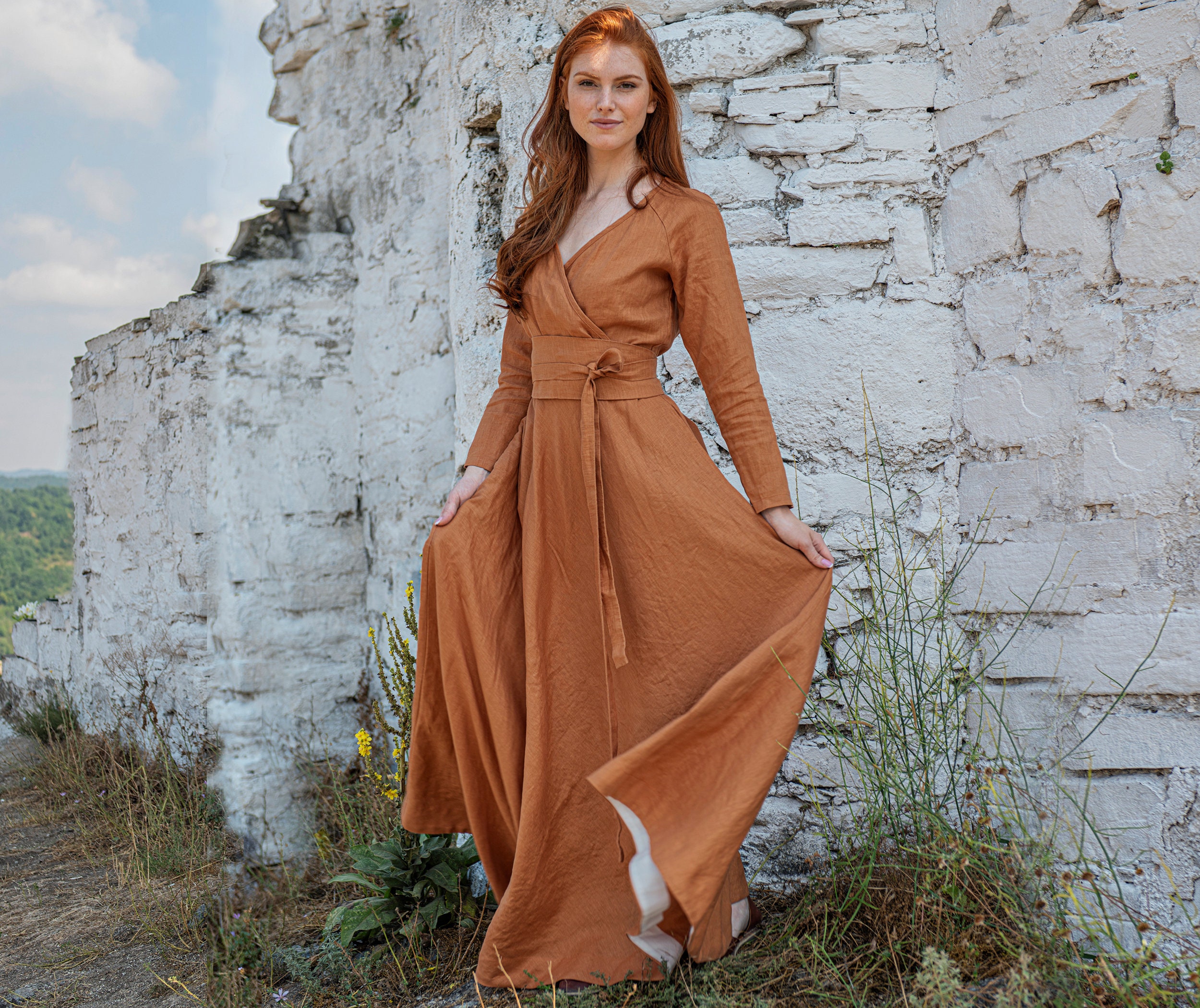 Long Sleeve Linen Dress Linen Wrap ...