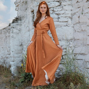 Long Sleeve Linen Dress, Linen Wrap Dress, Heavy Linen Dress, Linen Maxi Dress, Linen Dress for Women, Fall Winter Dress, Plus Size Dress