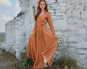 Heavy Linen Maxi Dress, Long Sleeve Fall Winter Gown, Faux Wrap Style
