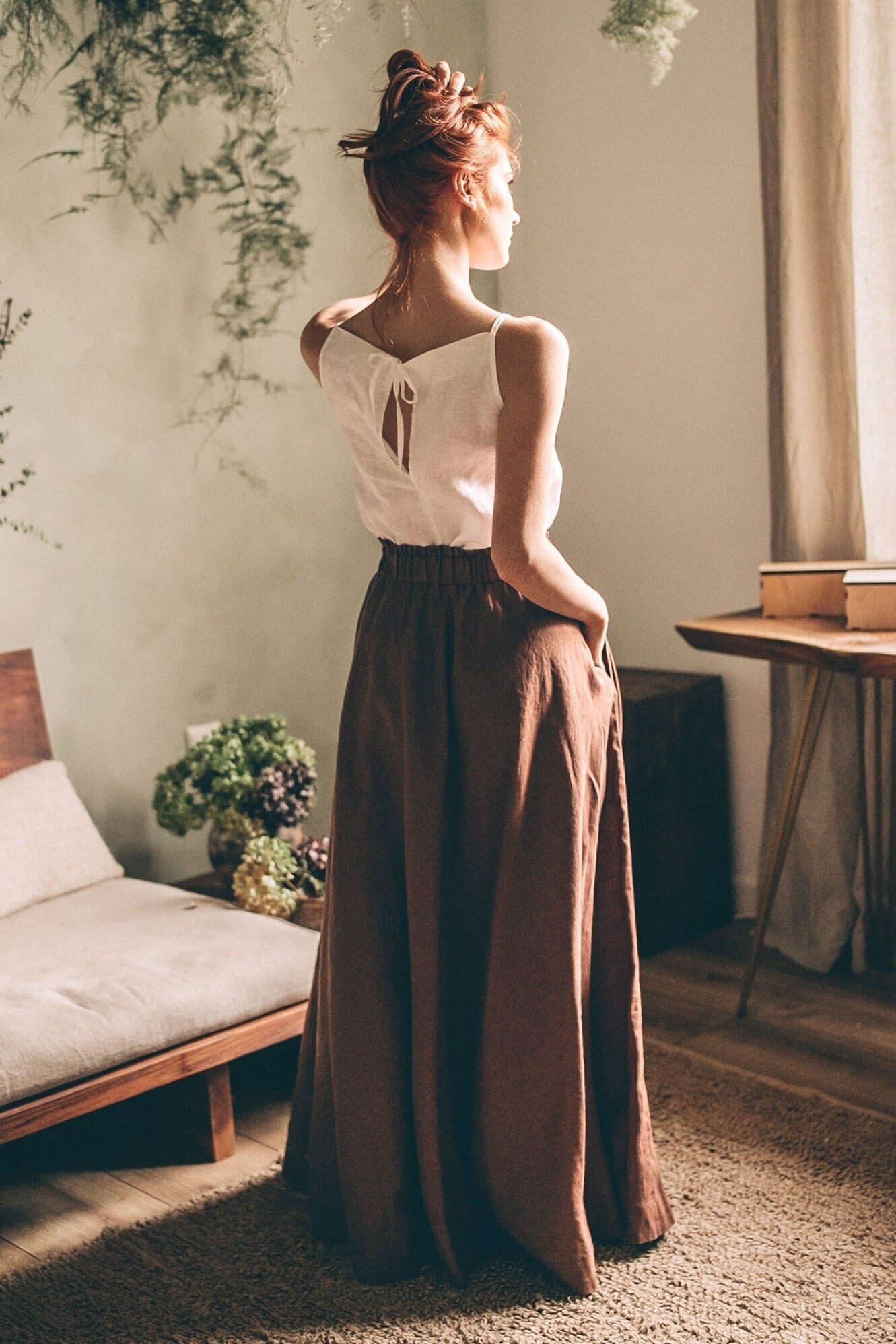 Summer Linen Tank Top with Tie knot closure, Spaghetti-strap Linen Top, Square Linen Cami Top, Beach Linen Slip Top, Sleeveless Linen Blouse