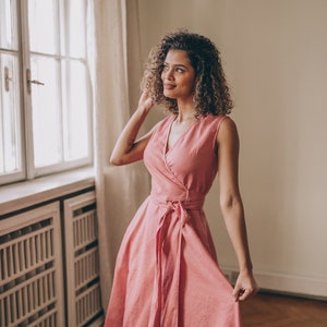 Summer Linen Dress, Linen Midi Dress, Linen Wrap Dress, Vintage Pink Linen Dress, Linen Dress Women, Sleeveless Linen Dress, Linen Clothing image 6