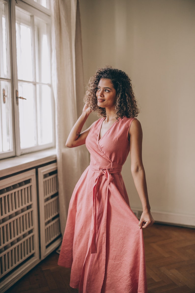 Summer Linen Dress, Linen Midi Dress, Linen Wrap Dress, Vintage Pink Linen Dress, Linen Dress Women, Sleeveless Linen Dress, Linen Clothing image 6