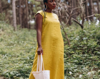 Mustard Linen Maxi Dress: Loose Fitting Boho Clothing
