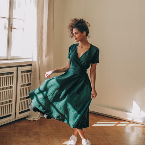 Deep Green Linen Midi Dress - Boho Summer Dress with Pockets & Tie Waist - Classic Linen Dress, XL / Deep Green Deep Green Linen Midi Dress - Boho Summer Dress with Pockets & Tie Waist - Classic Linen Dress, XL / Deep Green