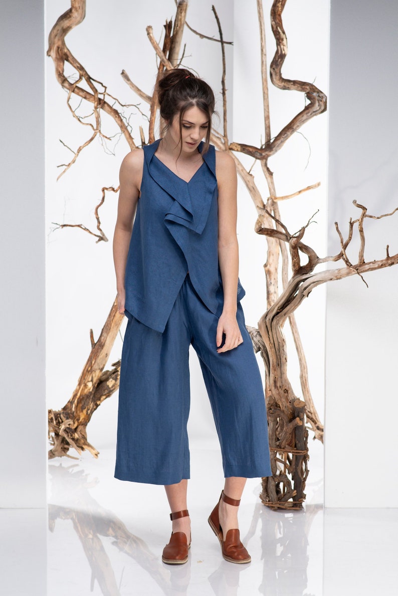 Boho Linen Pants Linen Pants Minimalist Clothing Wide Leg Pants Blue Pants Plus Size Clothing Women Pants Oversize Pants Capri Pants