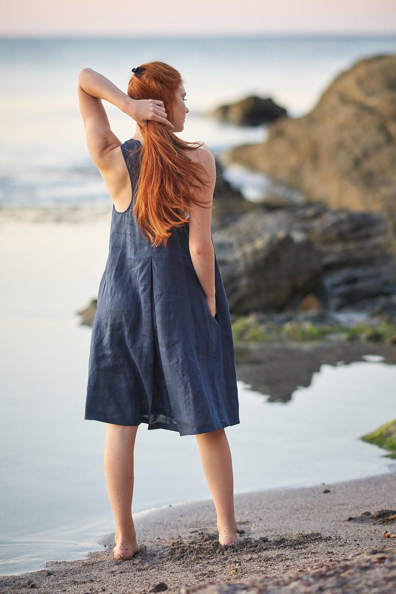 Abito corto in lino da donna, lunghezza al ginocchio, abbigliamento estivo, vestito corto immagine 6