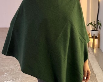 SPECIALGIFT Green Cashmere Poncho: Handmade Asymmetric Knit, poncho/women wear/cape/outwear