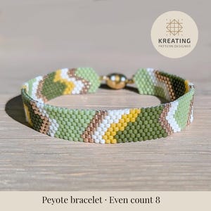 May include: A beaded Peyote bracelet with a magnetic clasp. The bracelet features a geometric pattern in shades of green, white, yellow, and copper. The text at the bottom reads "Peyote bracelet • Even count 8".
