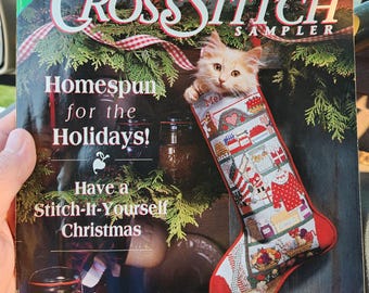 Vintage 1992 Christmas Crosstitch Sampler Magazine. Homespun. Stocking pattern. Festive Tablerunner. Have a Stitch it Yourself Christmas.
