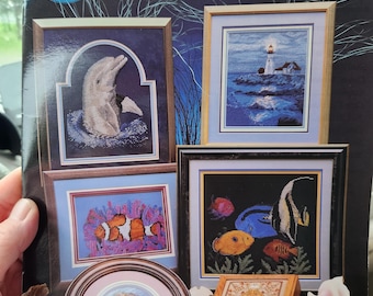 Counted Cross Stitch "The Ocean" 1992 Cross My Heart, Inc. Dolphins, Lighthouse, Whale, Conch Shell and more.