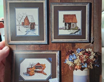 Counted Cross Stitch "Gently Down The Stream" 1982 by Barbara Weiford. A mill, a springhouse and a covered wooden bridge