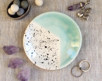 Ring Dish - Speckled Black Aqua Ceramic - Trinket Dish - Jewelry Dish